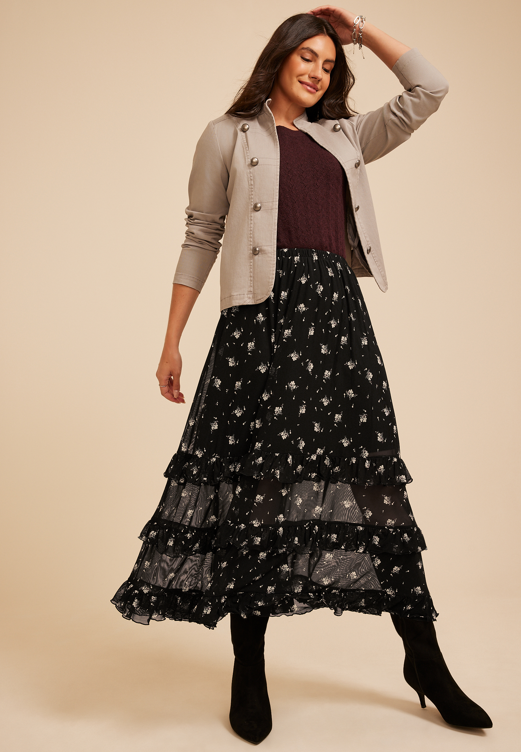 Floral Mesh Tiered Ruffle Maxi Skirt