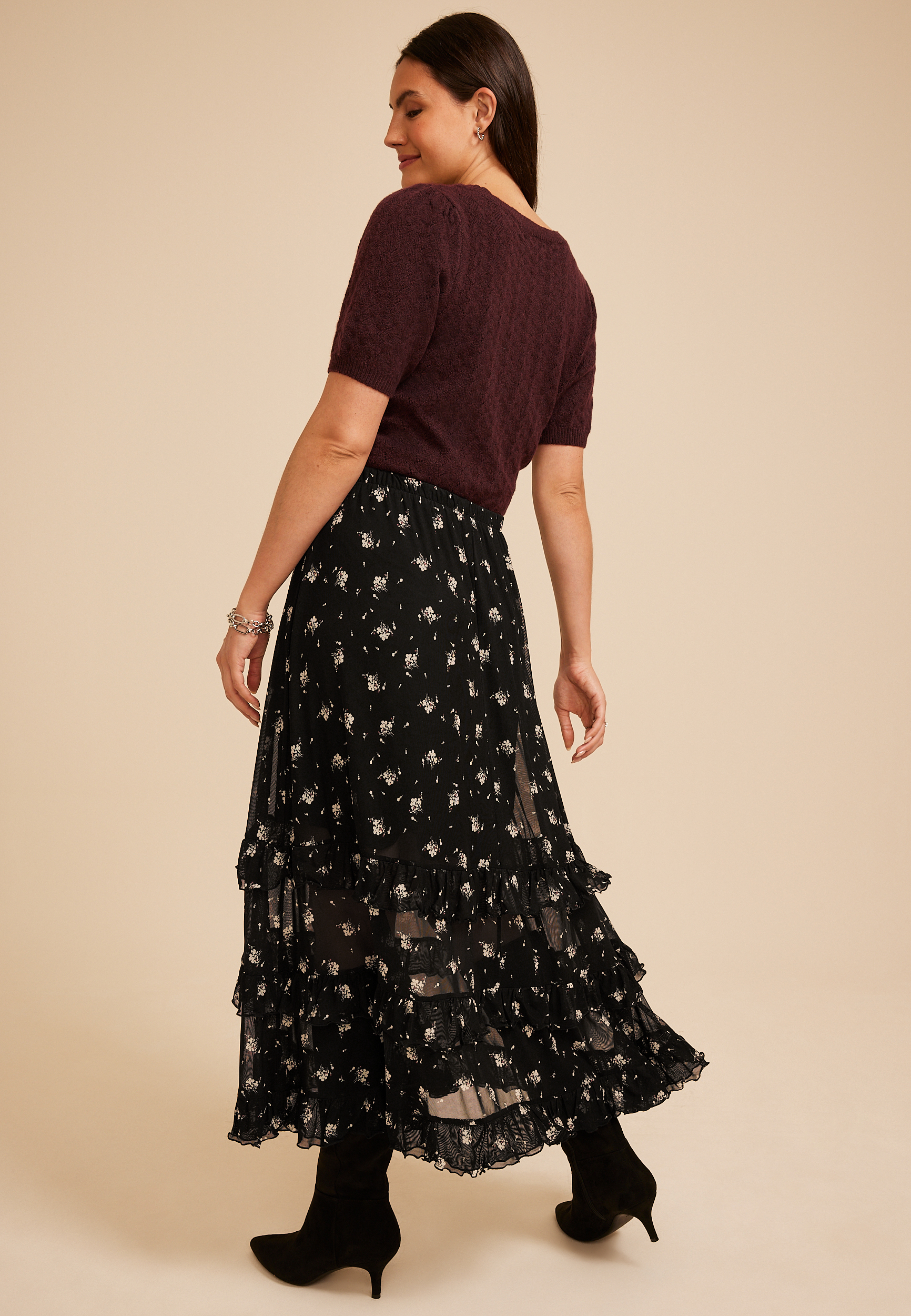 Floral Mesh Tiered Ruffle Maxi Skirt, C1756, large