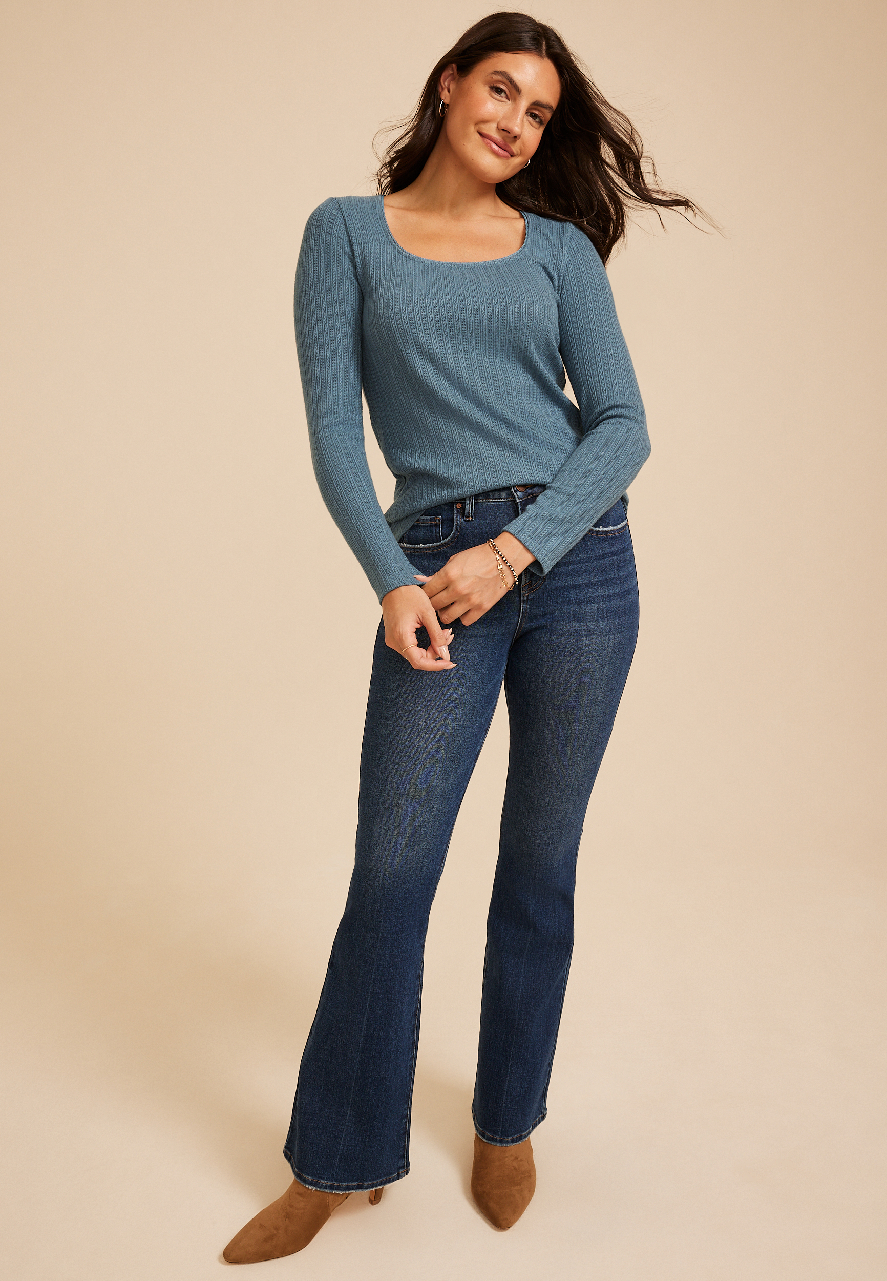 Pointelle Square Neck Long Sleeve Tee