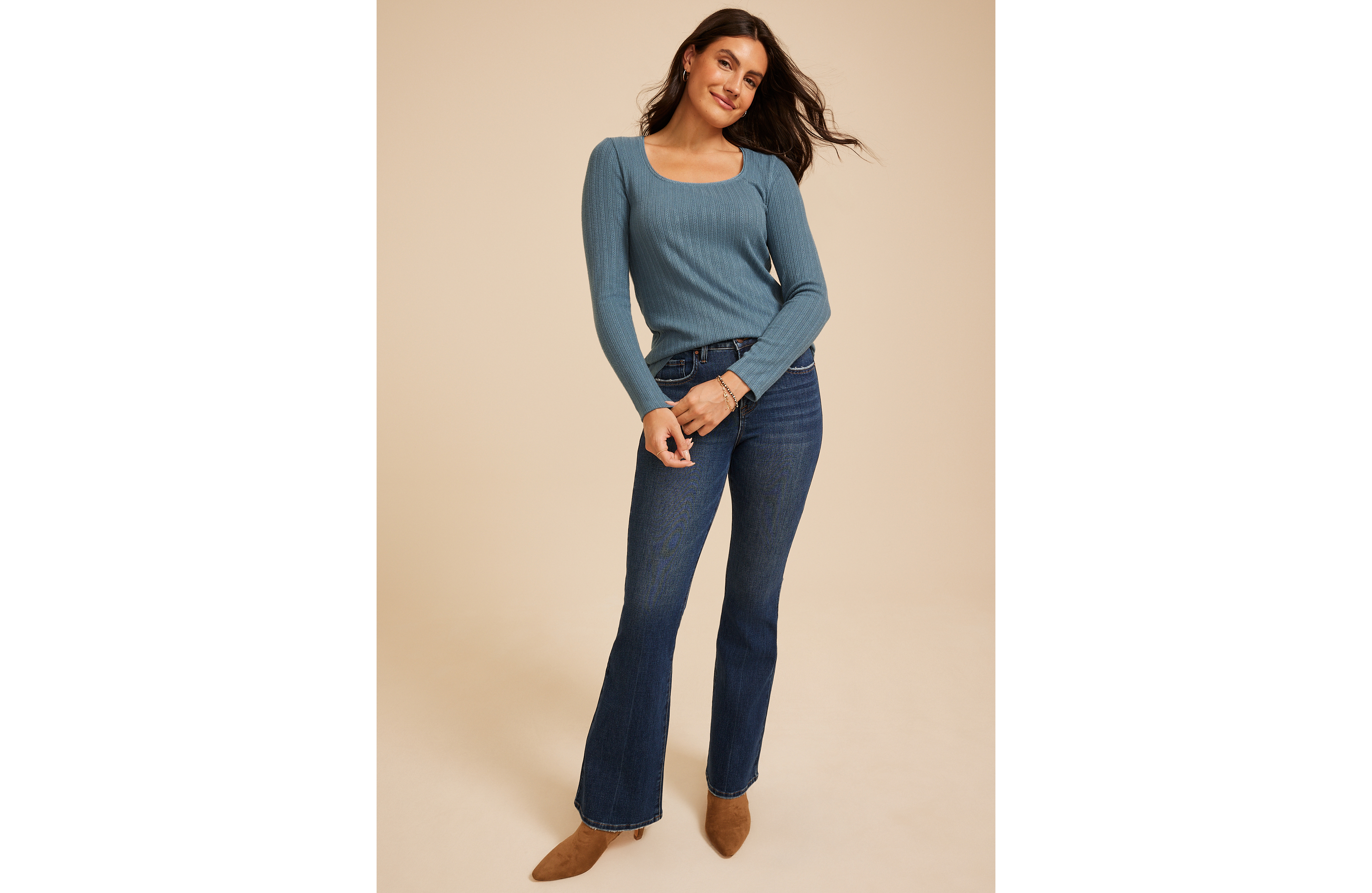 Pointelle Square Neck Long Sleeve Tee