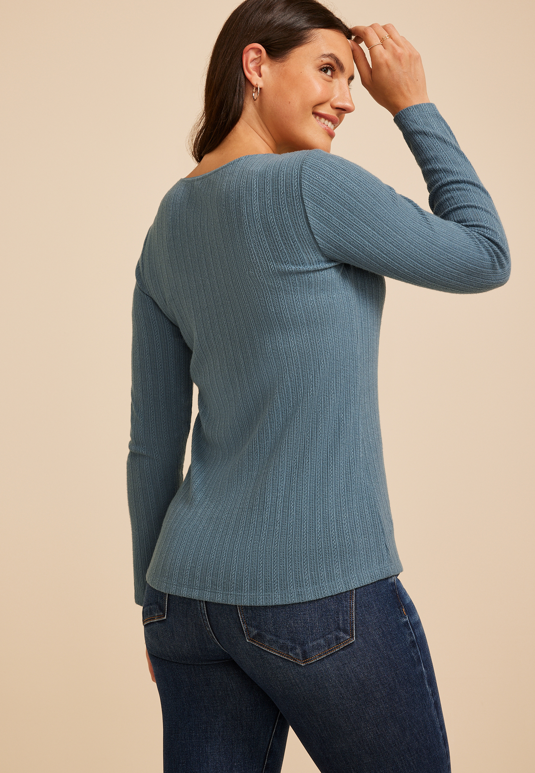 Pointelle Square Neck Long Sleeve Tee, C1387, large