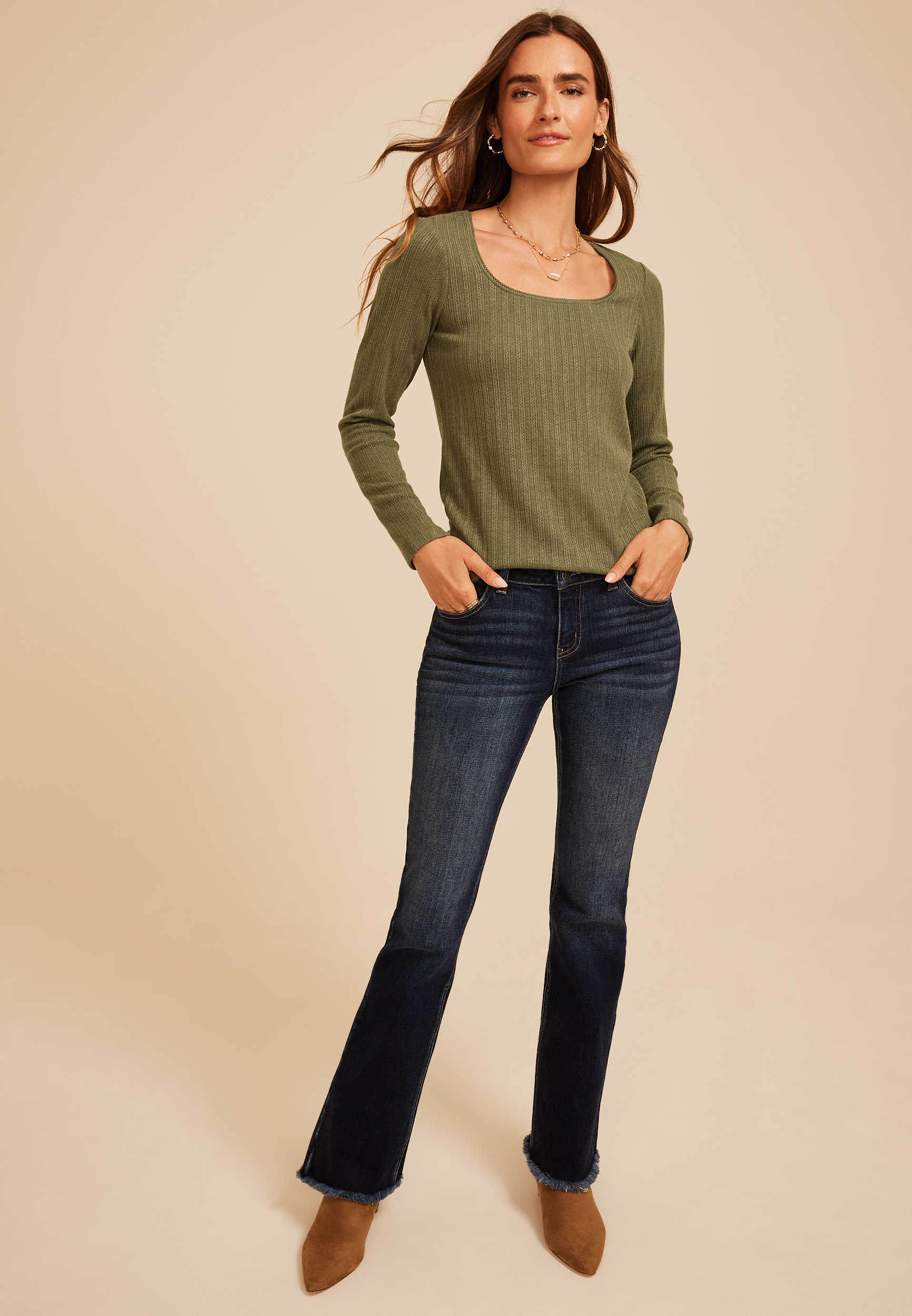 Pointelle Square Neck Long Sleeve Tee