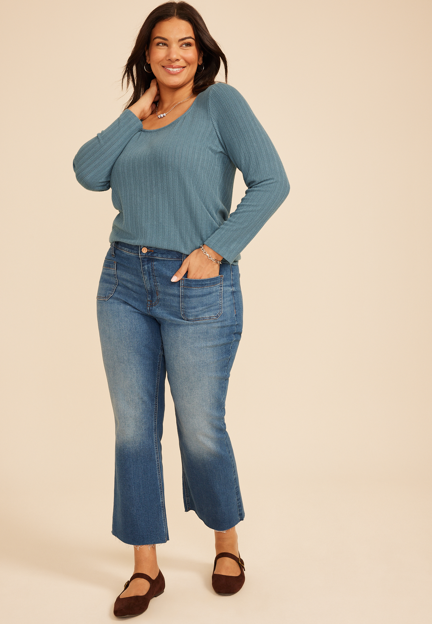 Plus Pointelle Square Neck Long Sleeve Tee