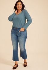 Plus Size Pointelle Square Neck Long Sleeve Tee, C1387, small