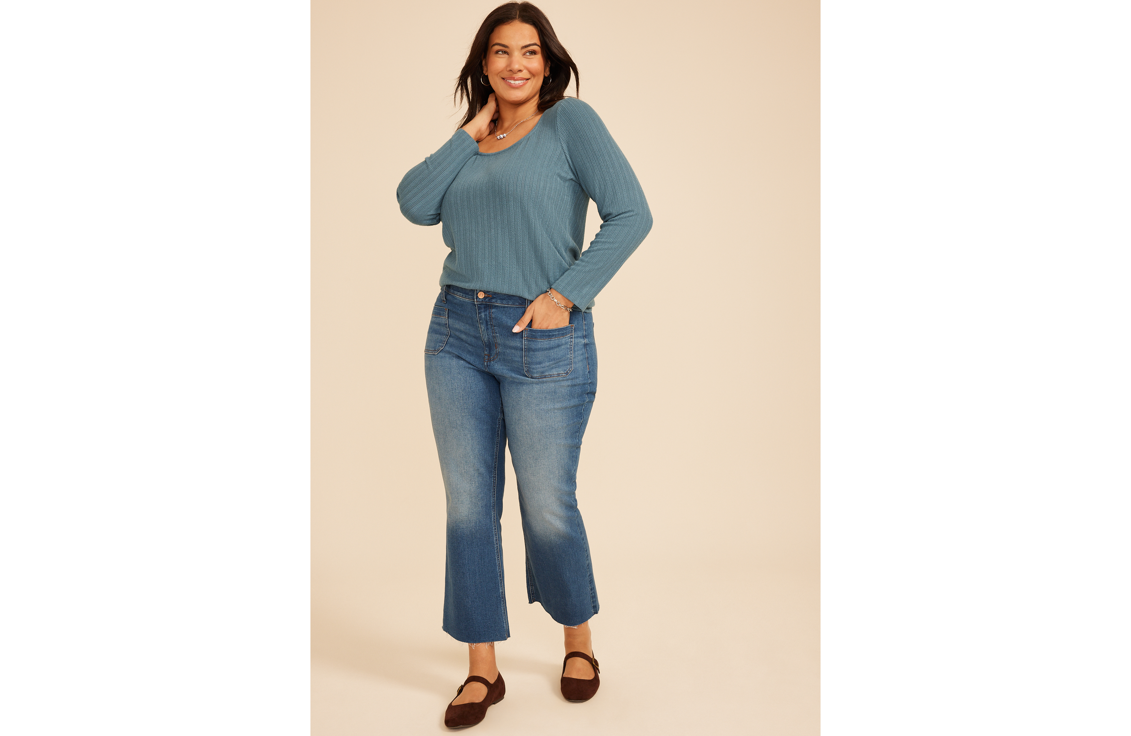 Plus Pointelle Square Neck Long Sleeve Tee