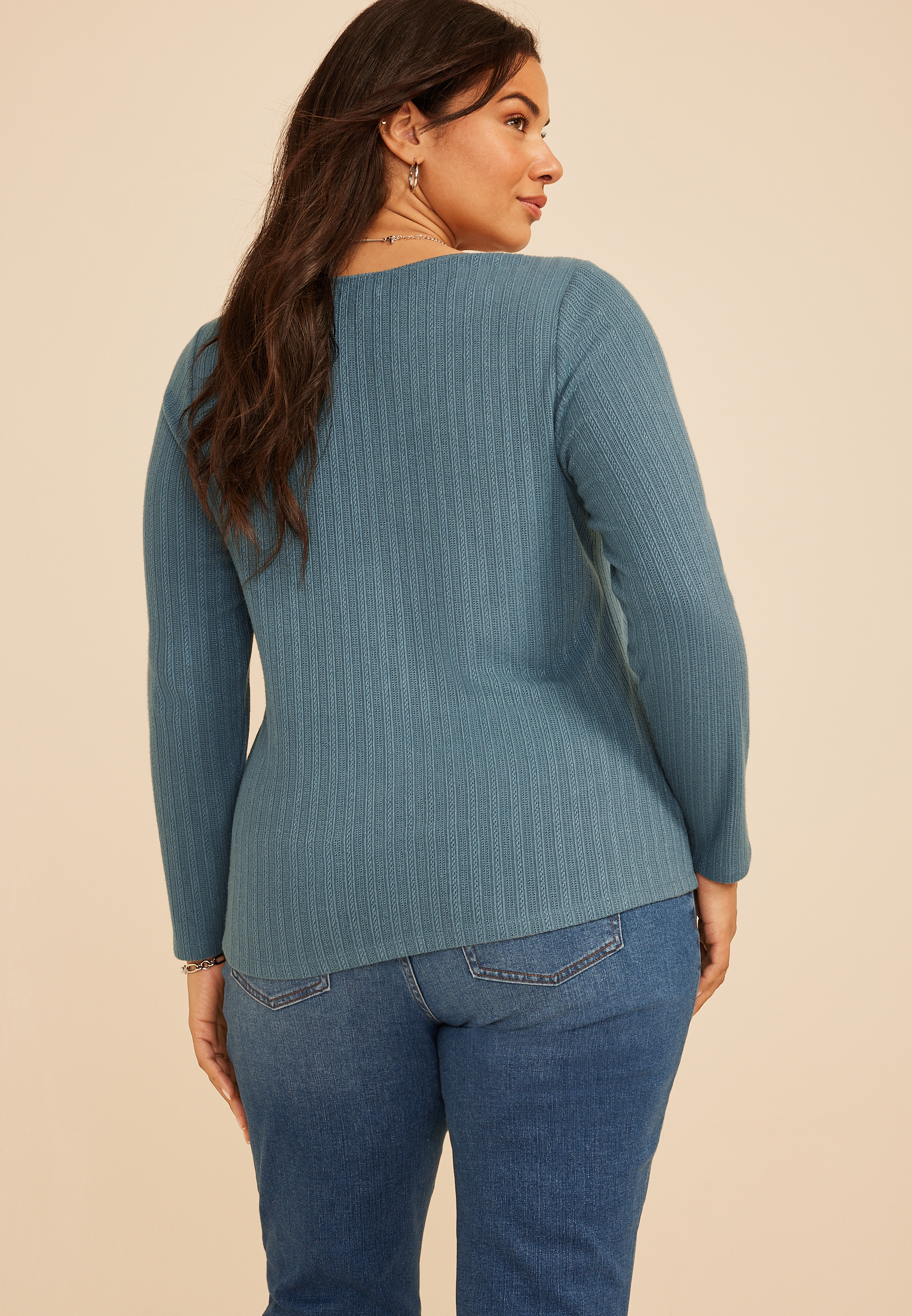 Plus Size Pointelle Square Neck Long Sleeve Tee, C1387, large