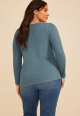 Plus Size Pointelle Square Neck Long Sleeve Tee, C1387, small