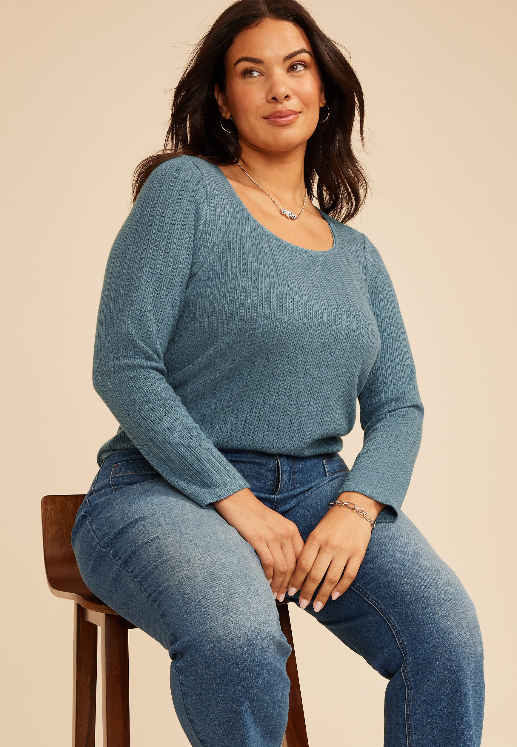 Plus Size Pointelle Square Neck Long Sleeve Tee, C1387, large