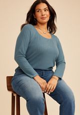 Plus Size Pointelle Square Neck Long Sleeve Tee, C1387, small