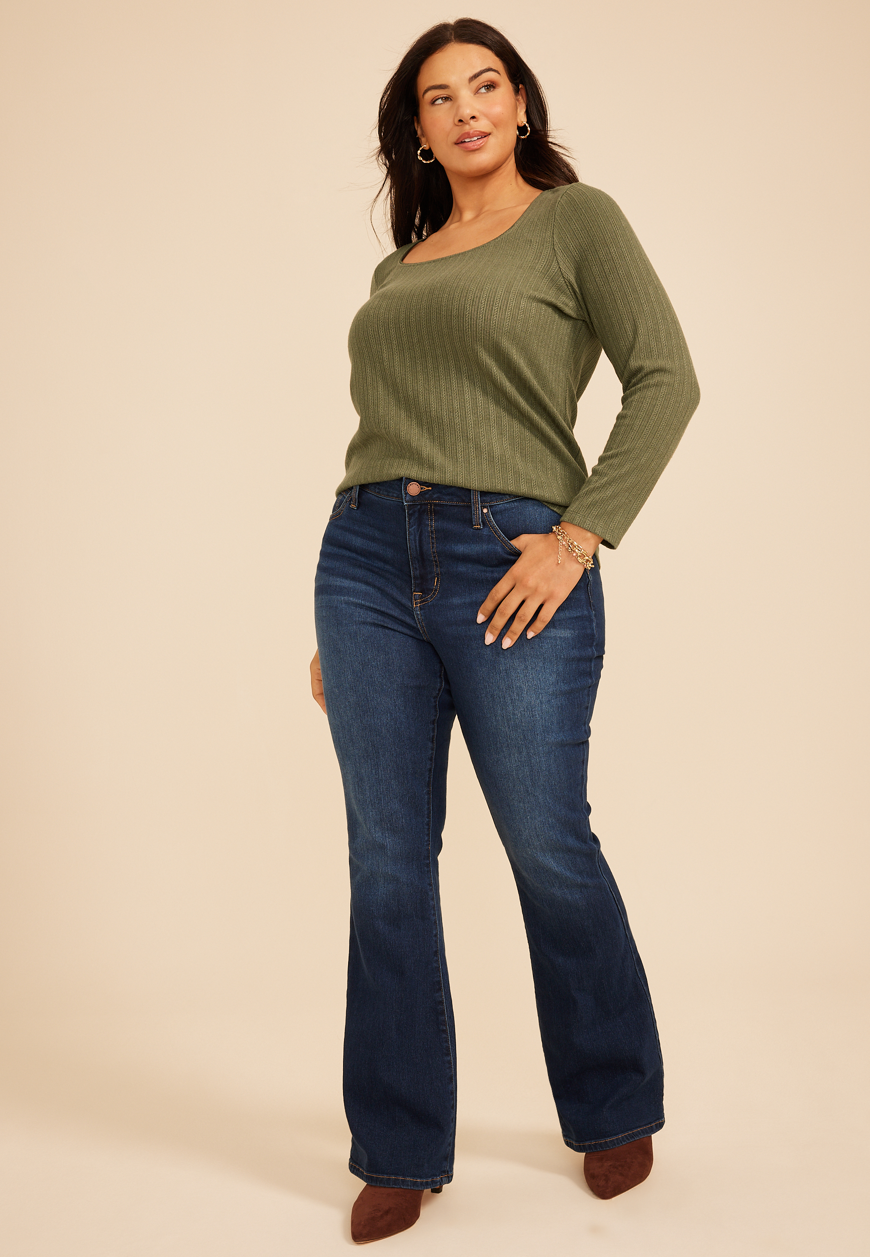 Plus Size Pointelle Square Neck Long Sleeve Tee
