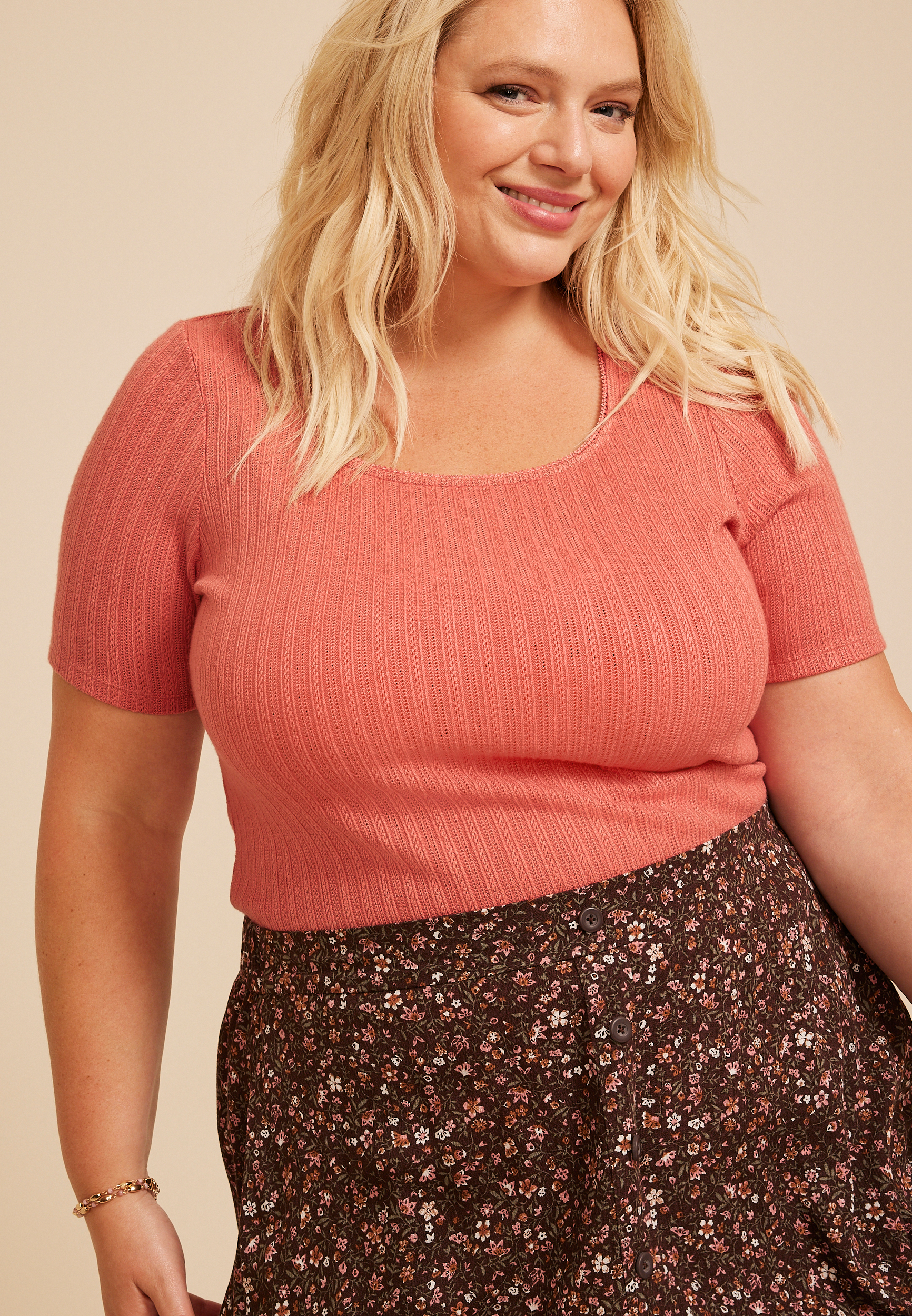 Plus Size Pointelle Square Short Sleeve Tee, C9019, large