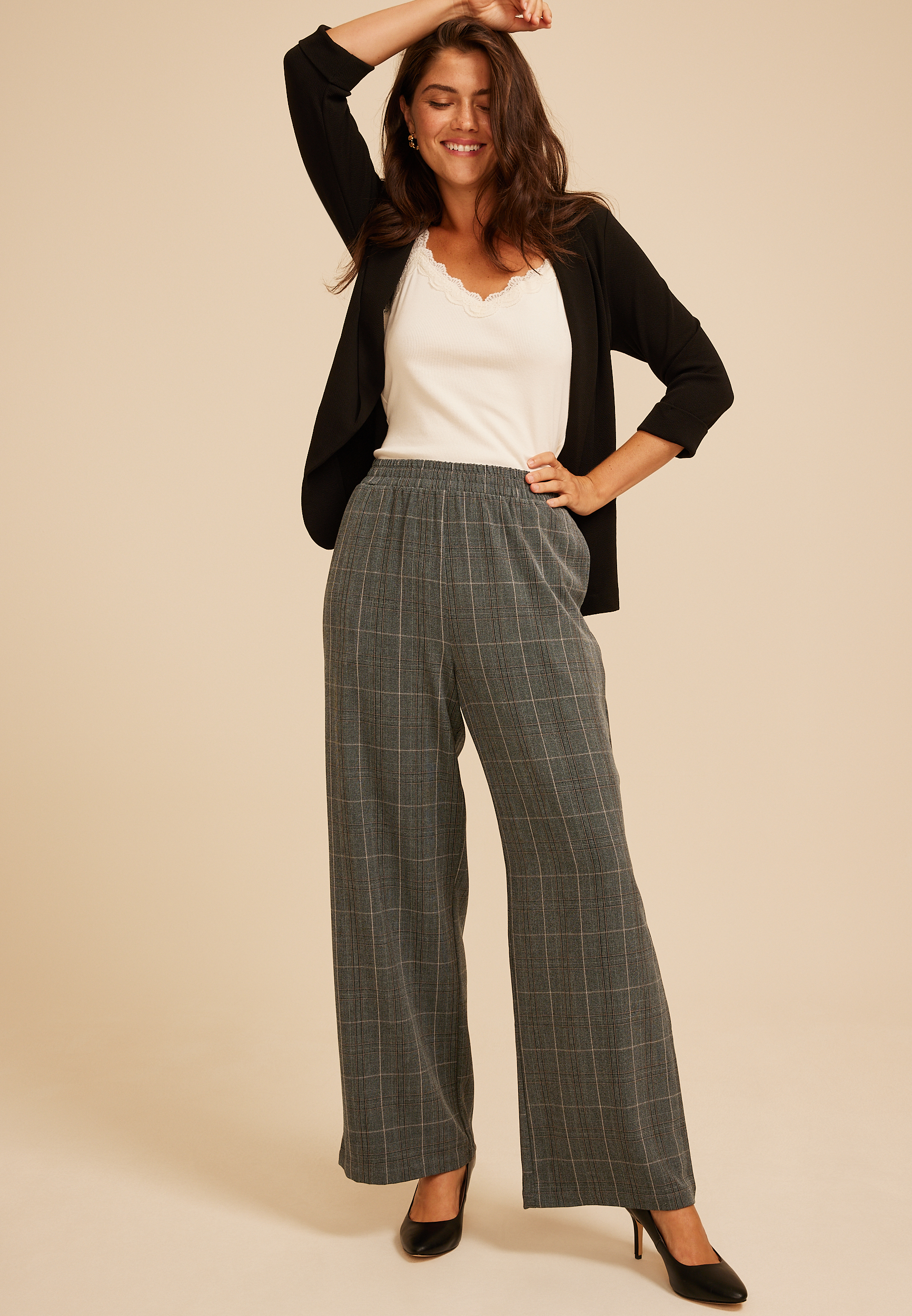 Plaid Pull On Wide Leg Pant, C1770, large