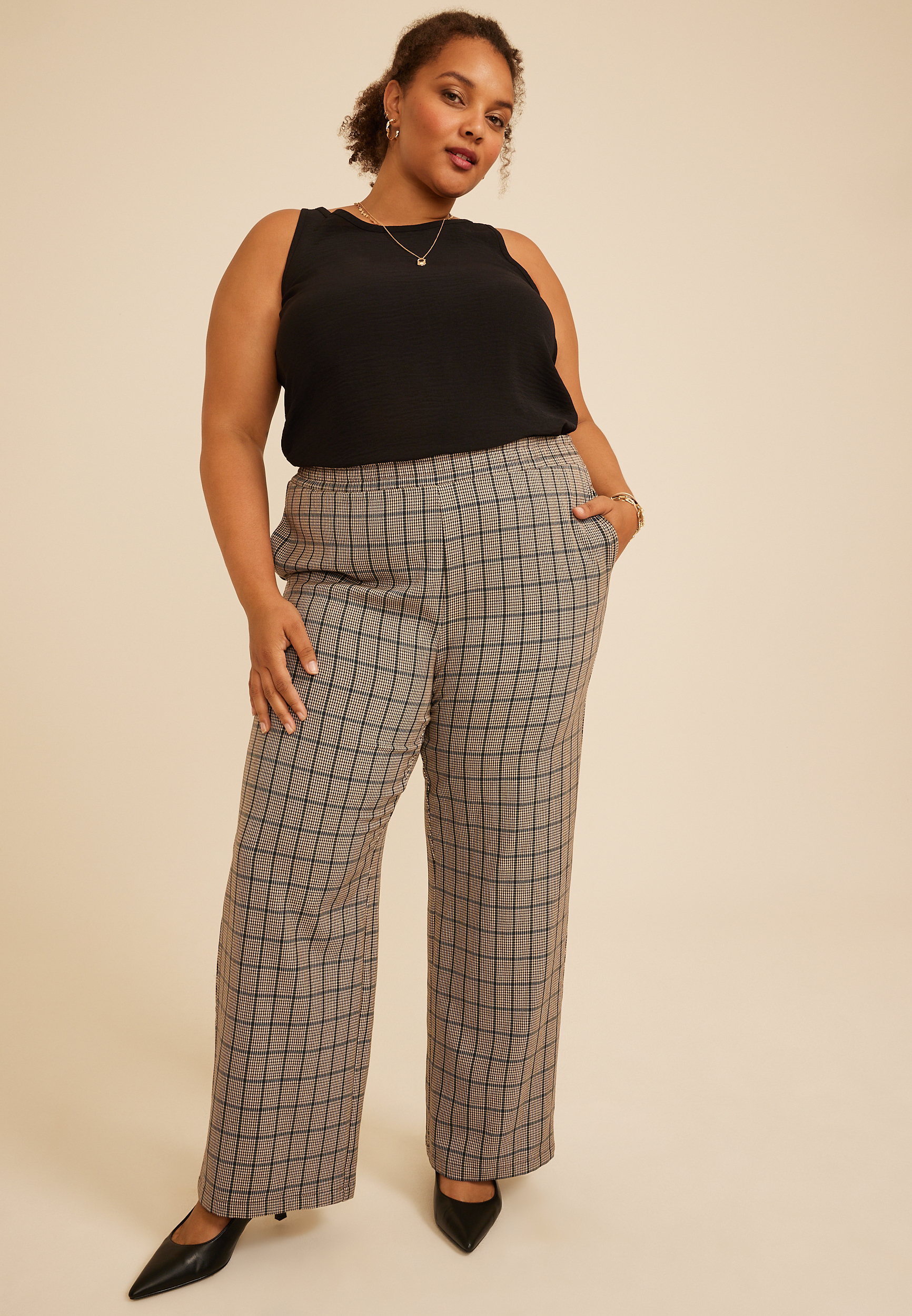 Plus Plaid Pull On Wide Leg Pant