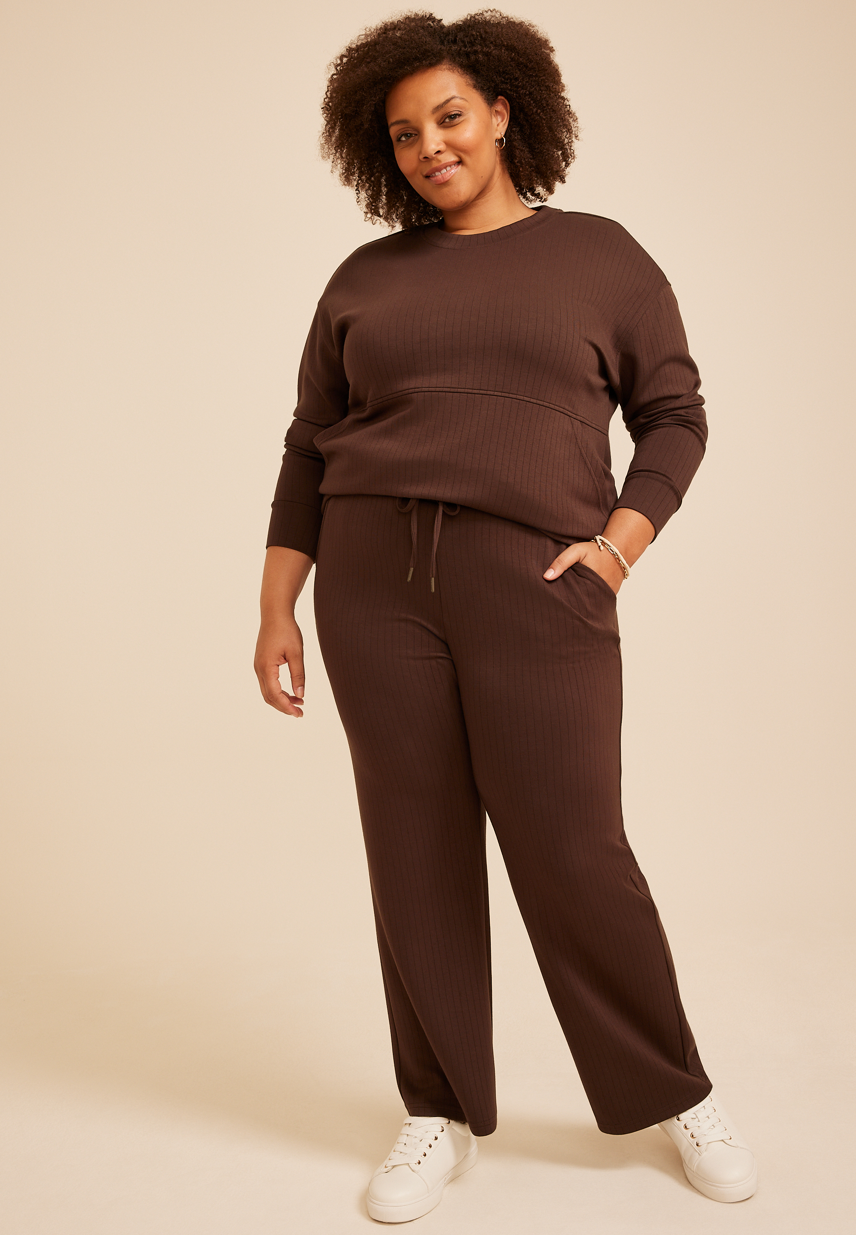 Plus Size High Rise Drop Needle Cloud Scuba Wide Leg Pant, COFFEE BEAN, large