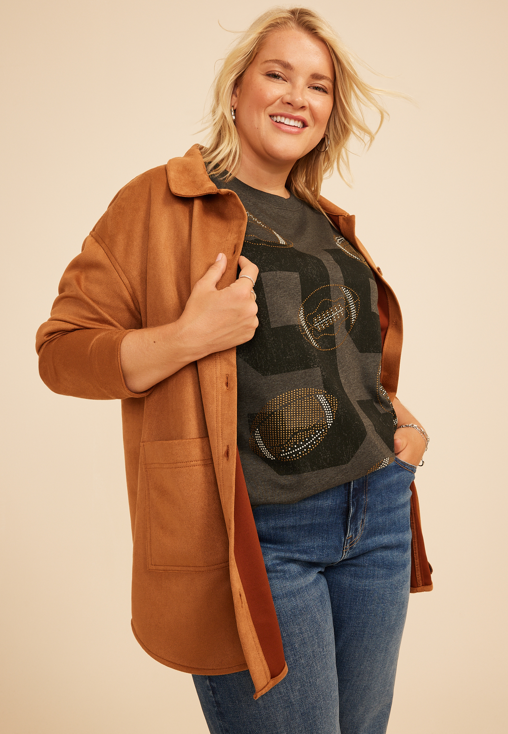 Plus Size Football Rhinestone Oversized Fit Graphic Tee