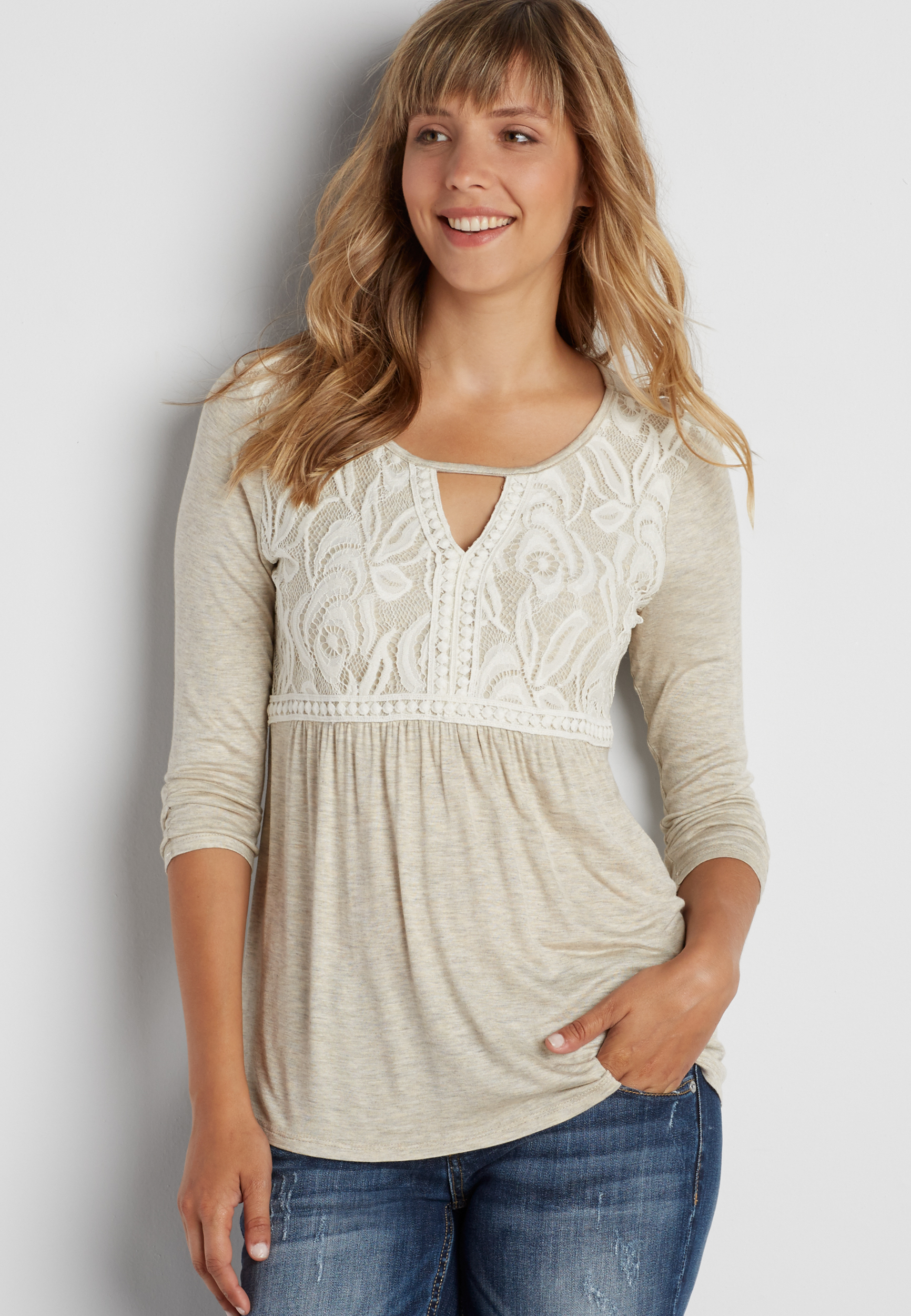 tee with lace overlay and peek-a-boo neckline | maurices