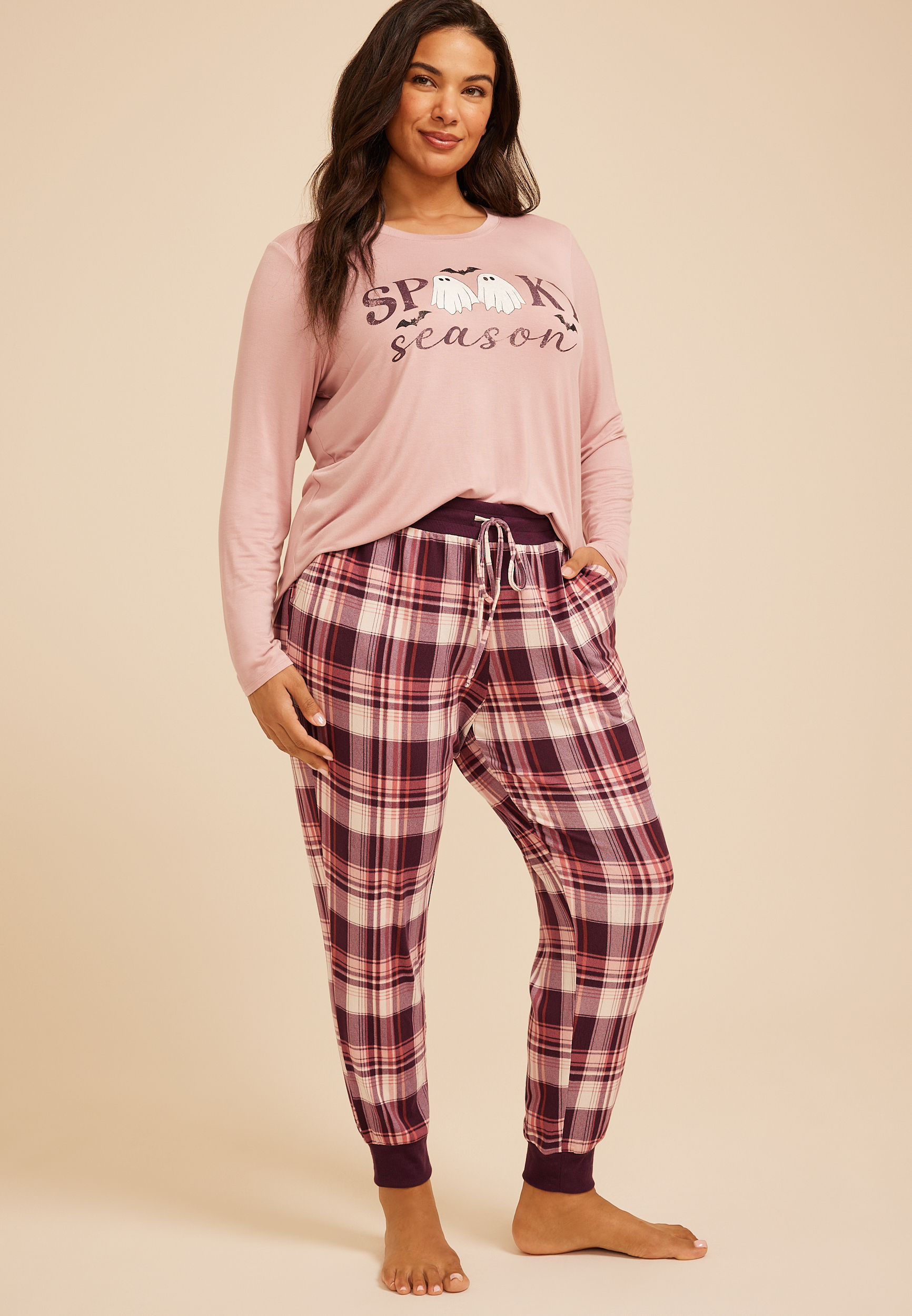 Plus Size Spooky Season Long Sleeve Top And Jogger Pajama Set