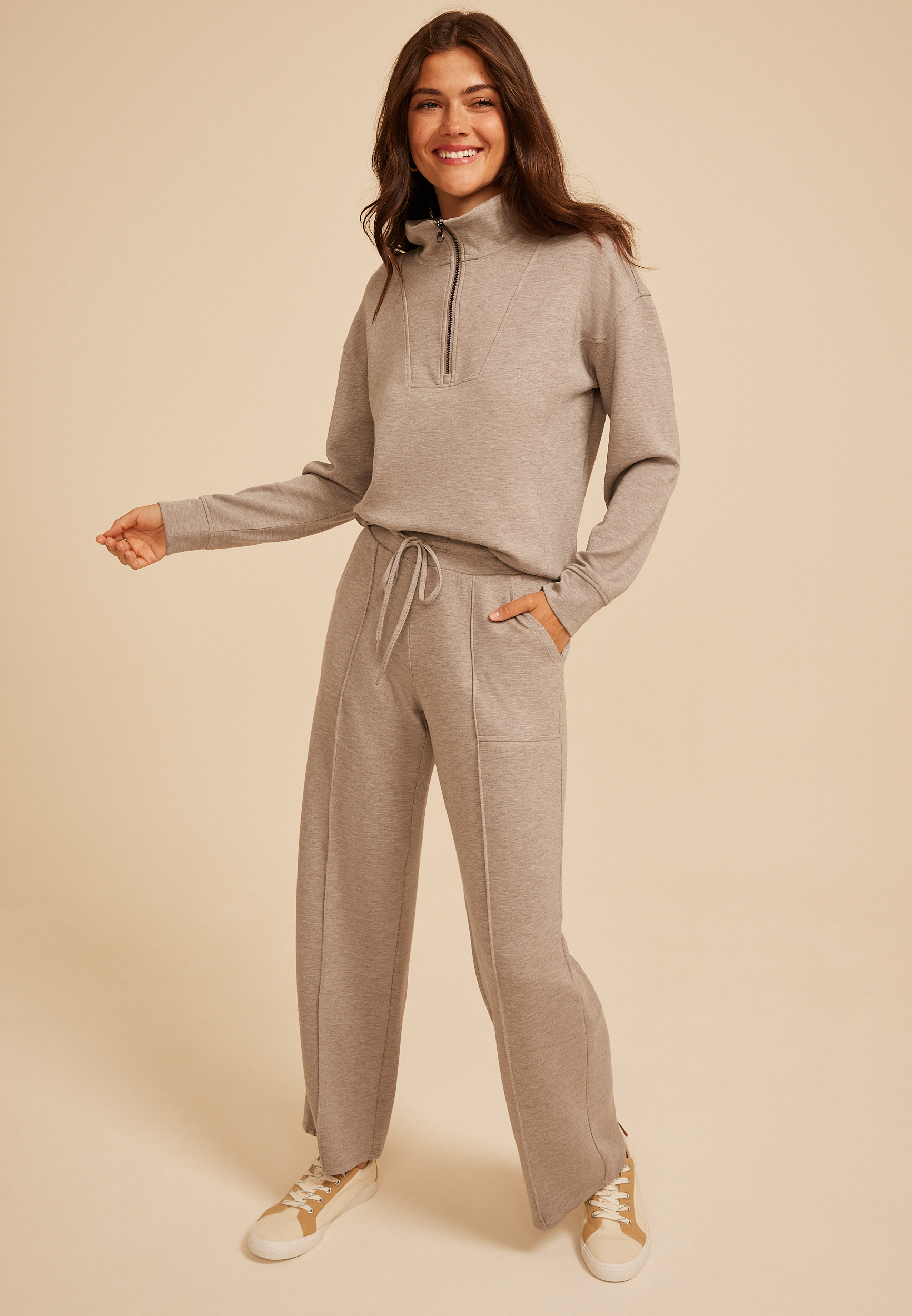 Heathered Pintuck Cloud Scuba Knit Wide Leg Pant