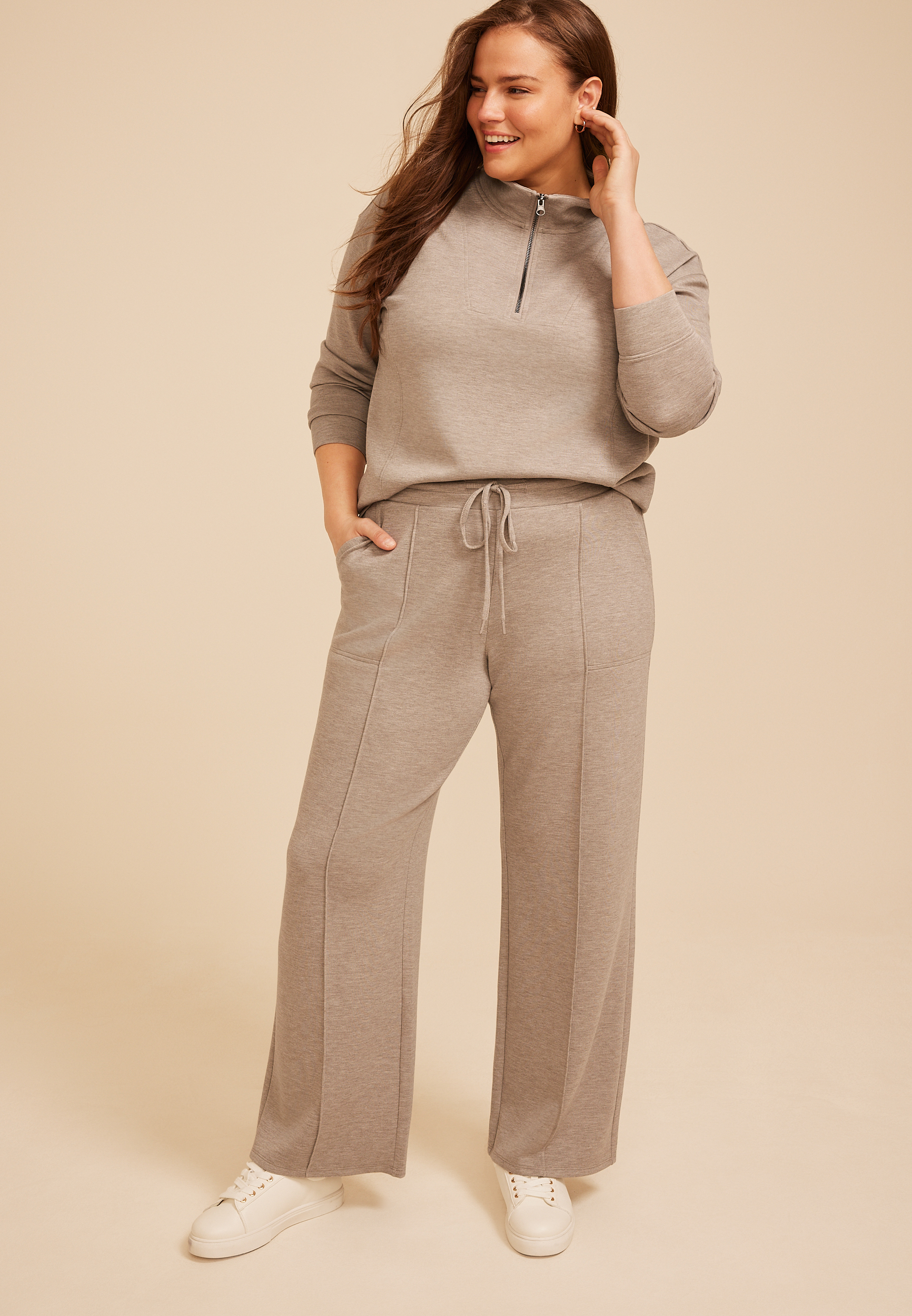 Plus Heathered Pintuck Cloud Scuba Knit Wide Leg Pant