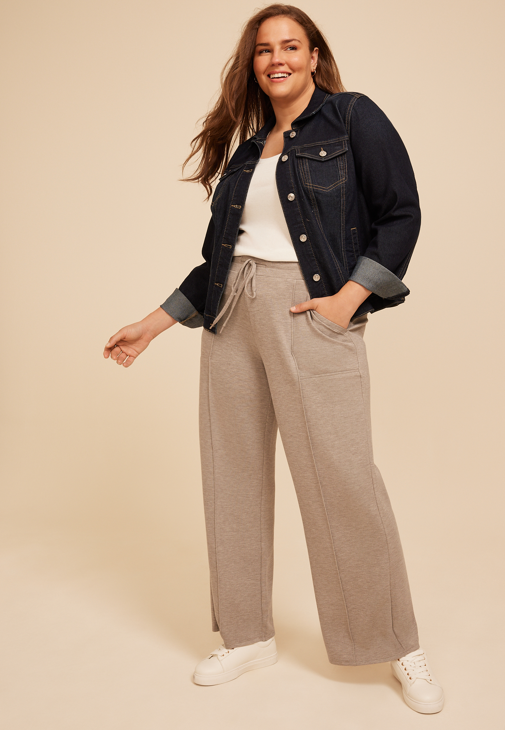 Plus Size Heathered Pintuck Cloud Scuba Knit Wide Leg Pant, SATELITE, large