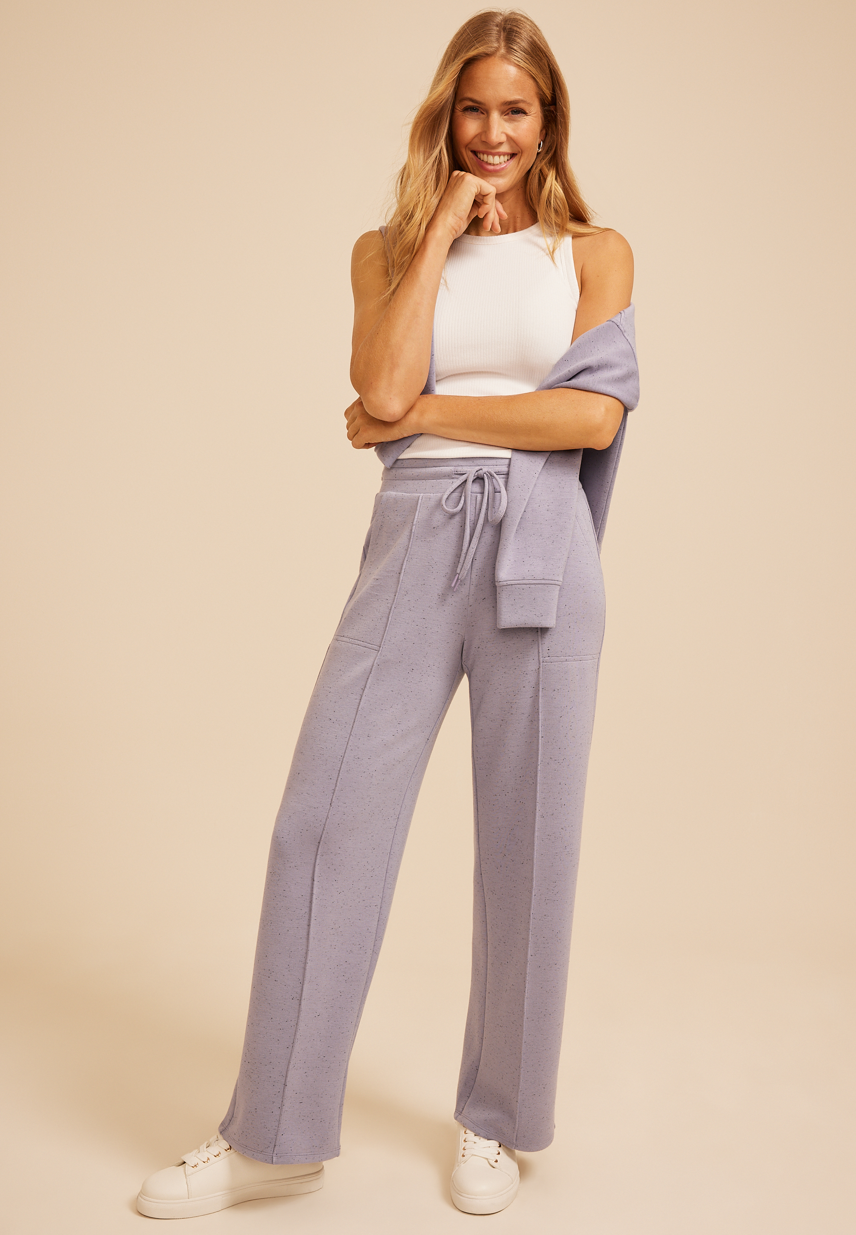 Pintuck High Rise Speckle Cloud Scuba Wide Leg Pant