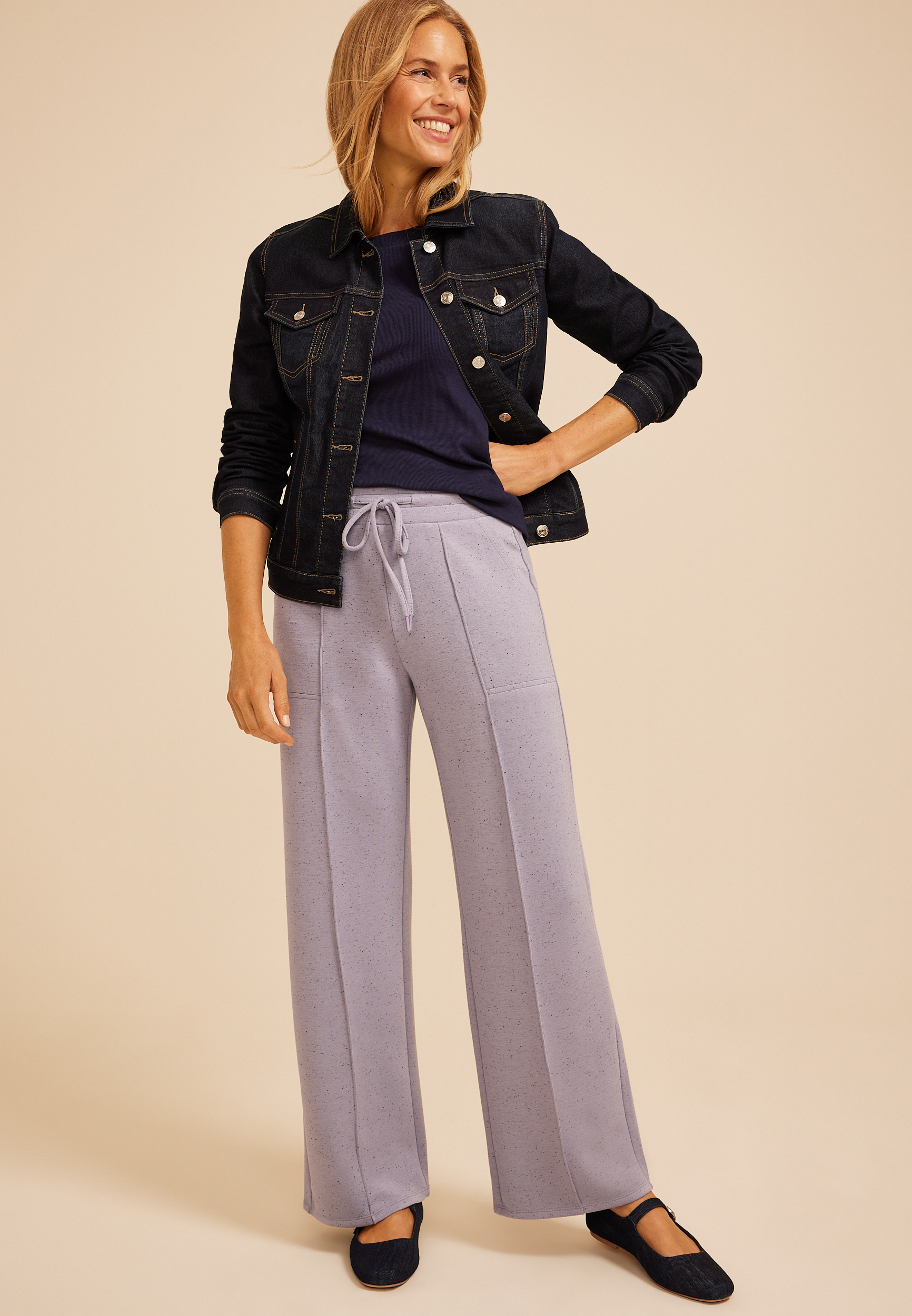 Pintuck High Rise Speckle Cloud Scuba Knit Wide Leg Pant, C9055, large