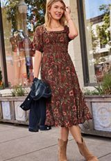 Floral Square Neck Smocked Bodice Midi Dress, C5032, small