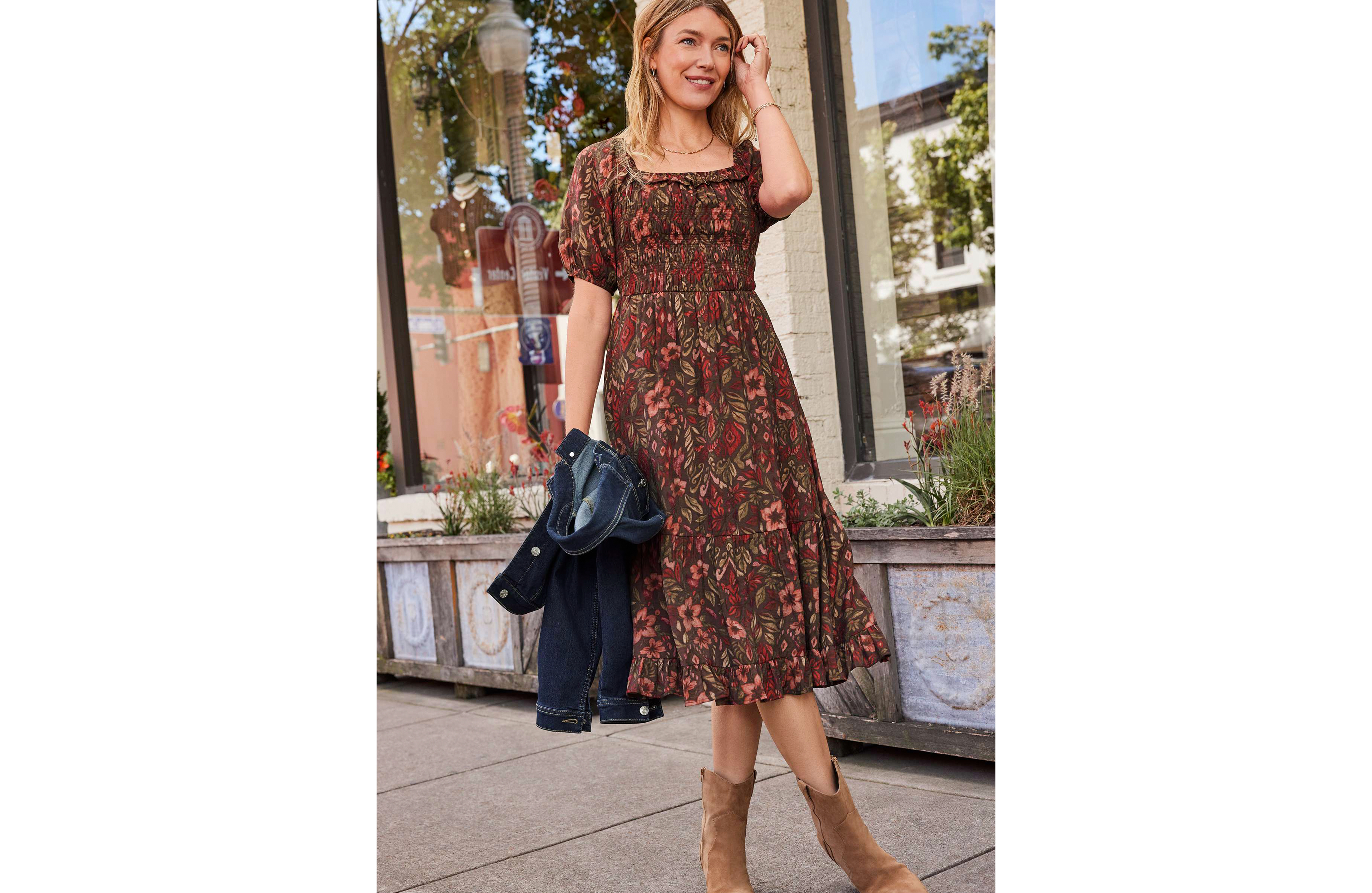 Floral Square Neck Smocked Bodice Midi Dress
