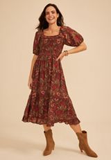 Floral Square Neck Smocked Bodice Midi Dress, C5032, small