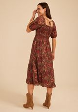 Floral Square Neck Smocked Bodice Midi Dress, C5032, small