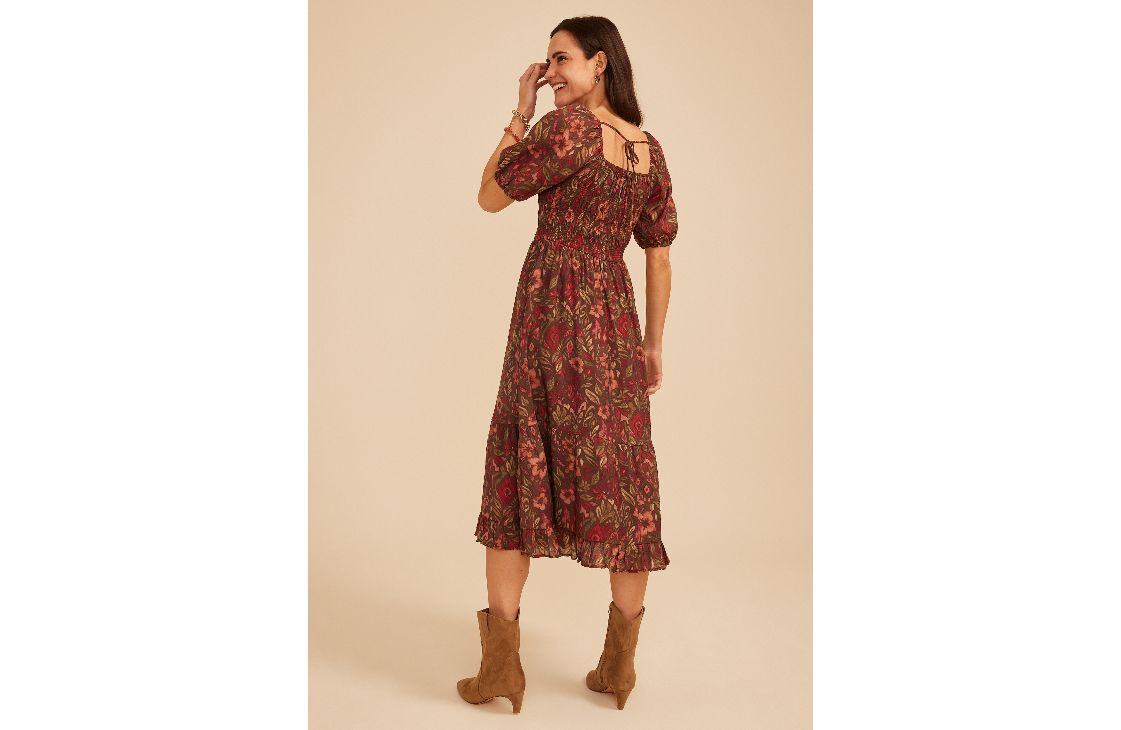 Floral Square Neck Smocked Bodice Midi Dress
