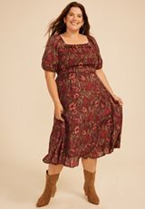 Plus Size Floral Square Neck Smocked Bodice Midi Dress, C5032, small