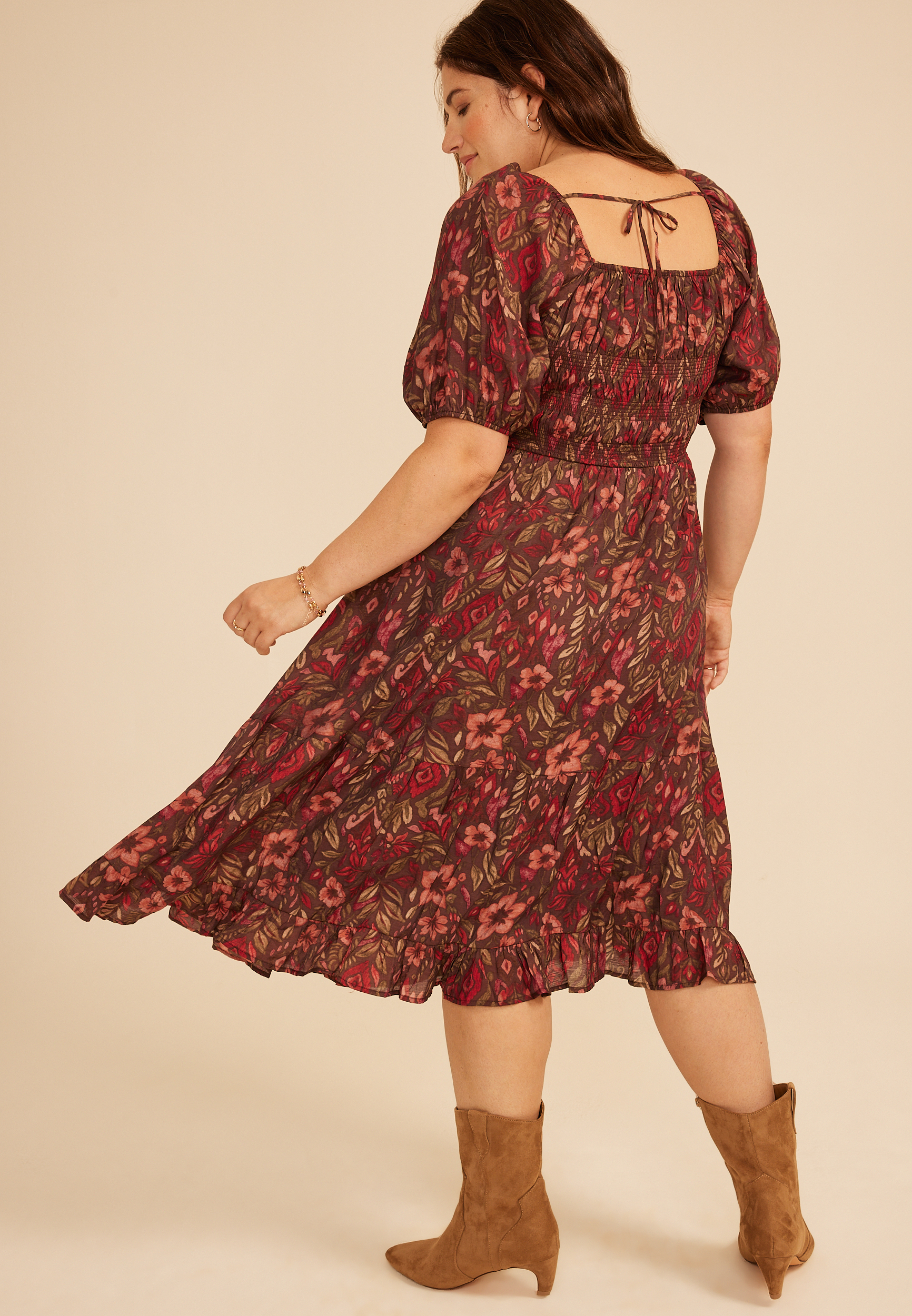 Plus Size Floral Square Neck Smocked Bodice Midi Dress, C5032, large