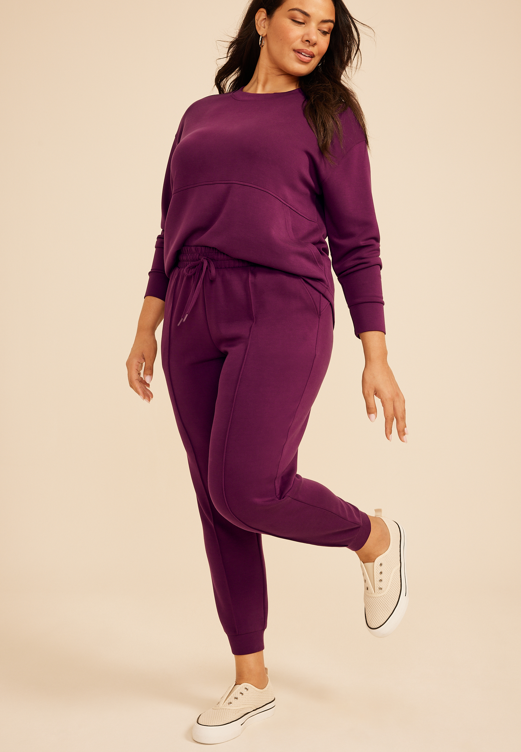 Plus Size Pintuck High Rise Cloud Scuba Jogger, POTENT PURPLE, large