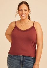 Plus Size Crochet Trim V Neck Cami Tank Top, C8065, small