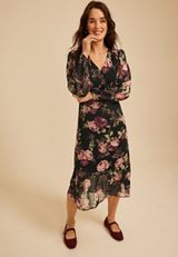 Floral Metallic Print Ruffle Midi Dress, C1756, small