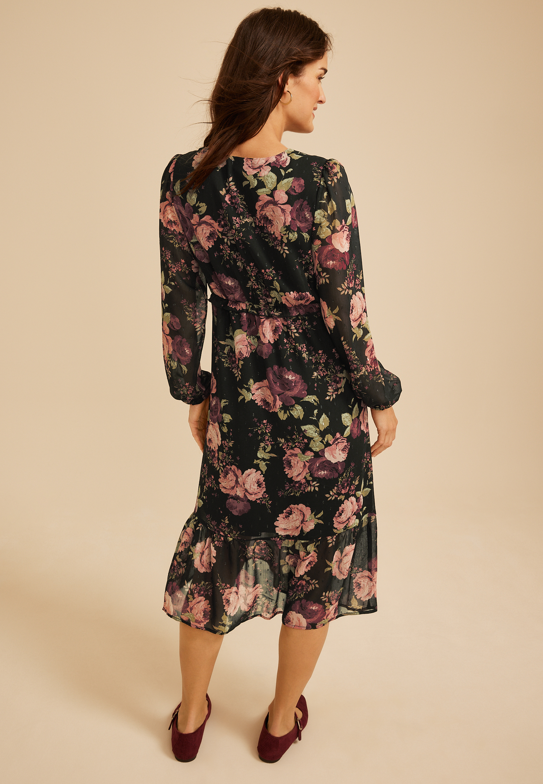 Floral Metallic Print Ruffle Midi Dress, C1756, large