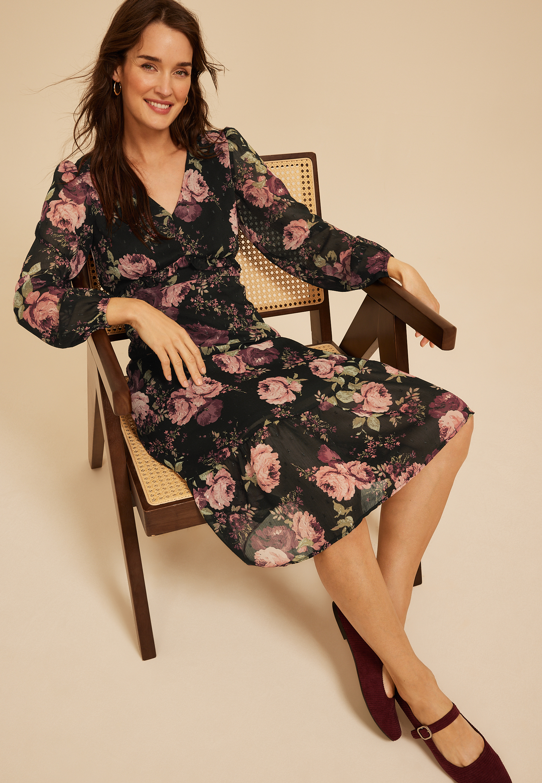 Floral Metallic Print Ruffle Midi Dress, C1756, large