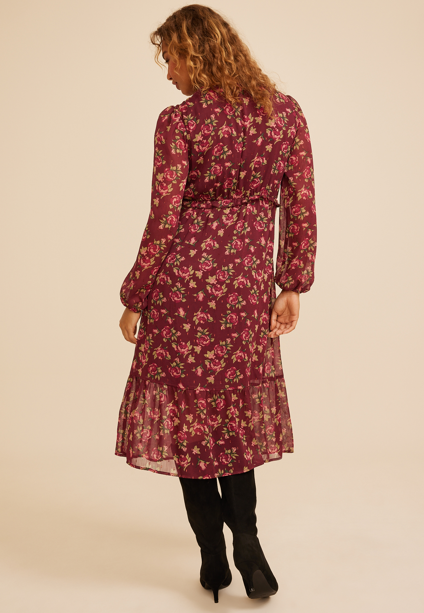 Floral Metallic Print Ruffle Midi Dress, C2842, large