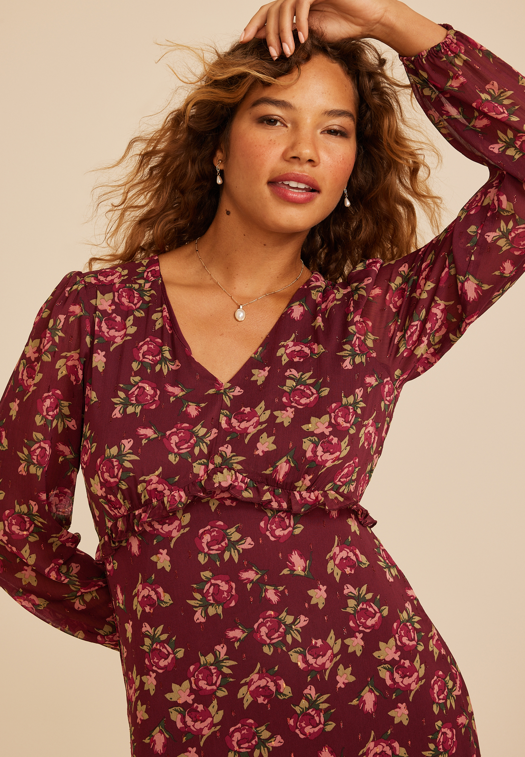 Floral Metallic Print Ruffle Midi Dress, C2842, large