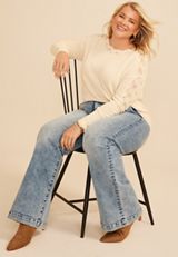 Plus Size Lace Pointelle Trim Boat Neck Sweater, C8232, small