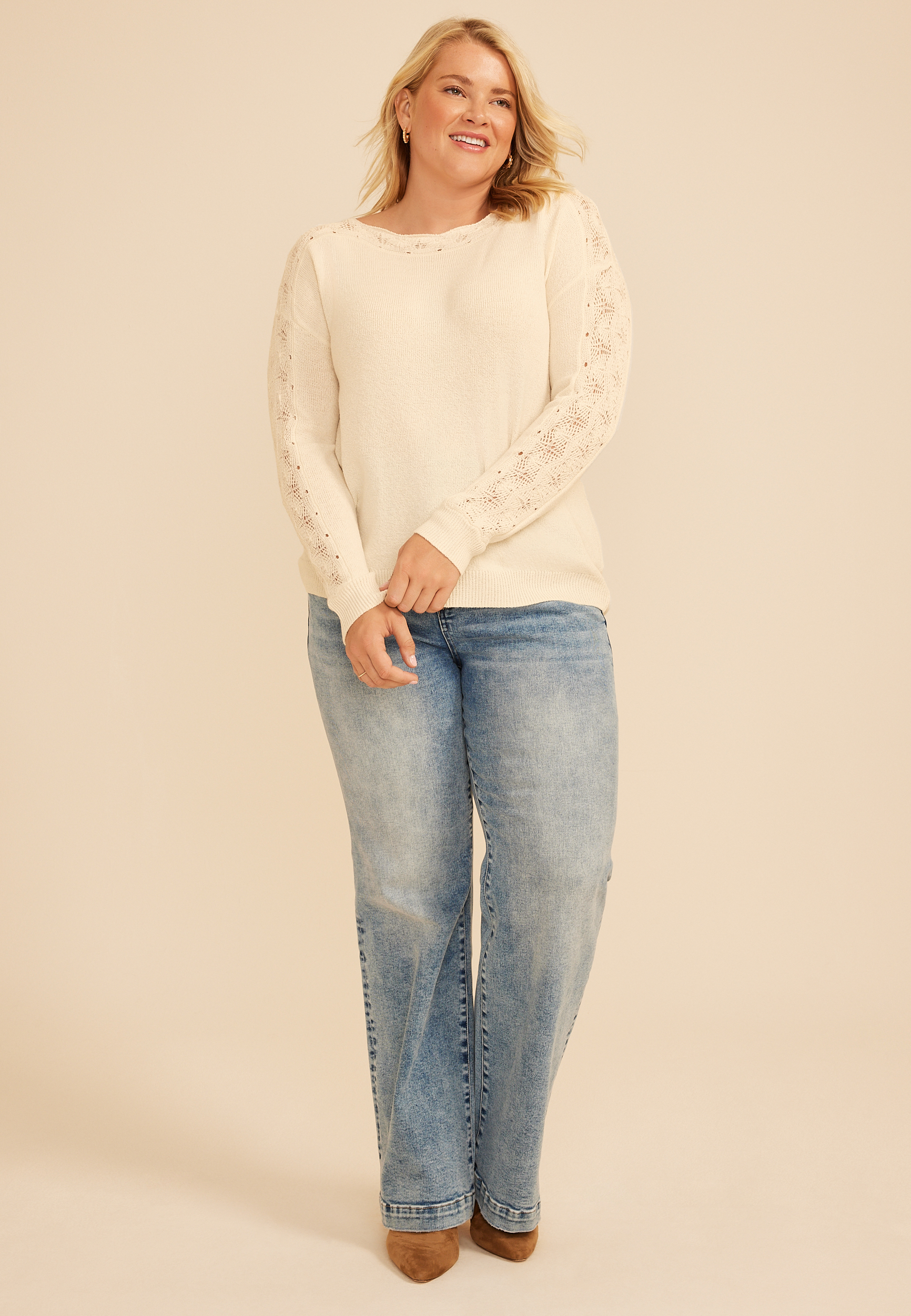 Plus Size Lace Pointelle Trim Boat Neck Sweater, C8232, large