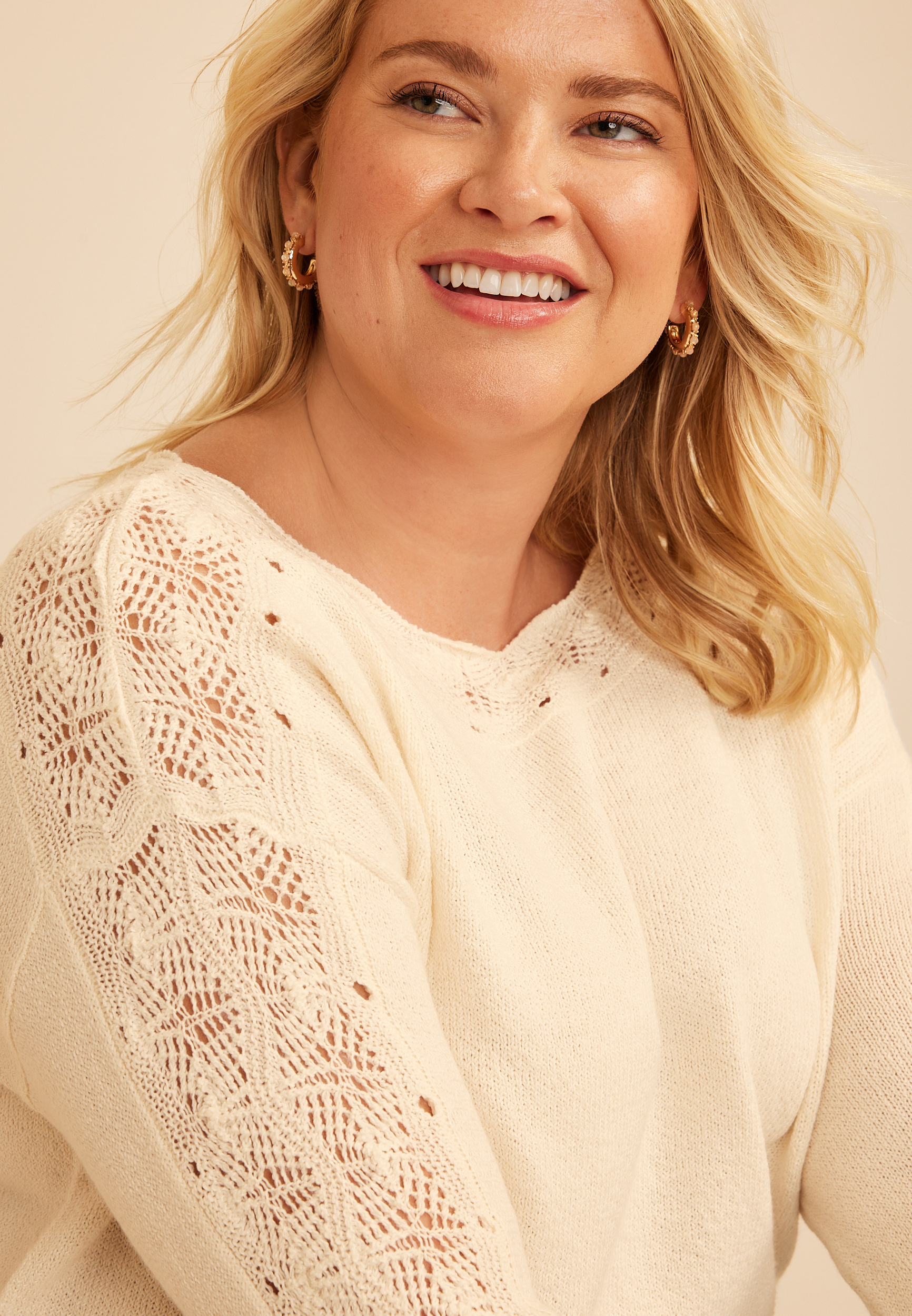 Plus Size Lace Pointelle Trim Boat Neck Sweater, C8232, large