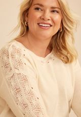 Plus Size Lace Pointelle Trim Boat Neck Sweater, C8232, small