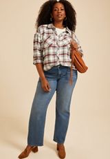 Plus Size Classic Plaid Button Down Shirt, C5032, small