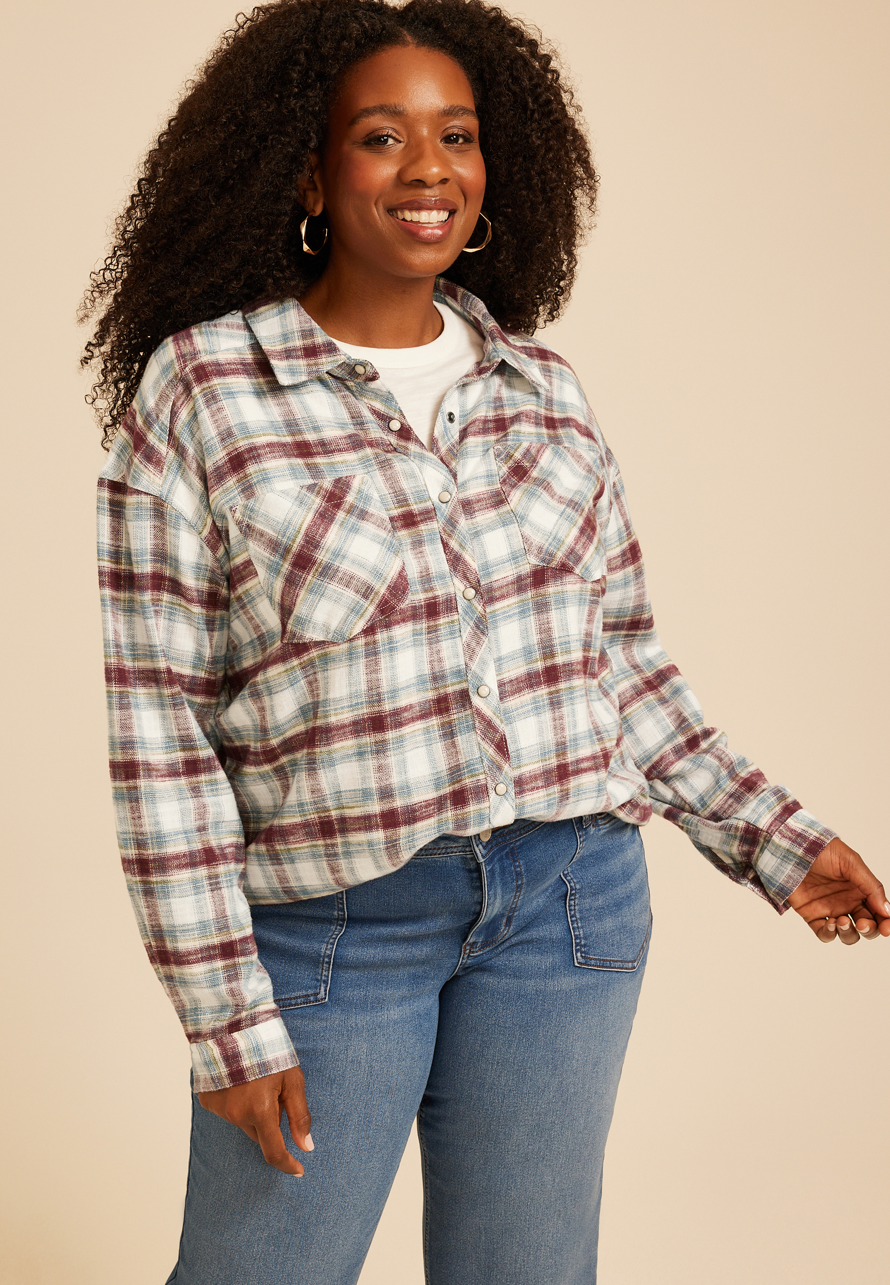 Plus Size Classic Plaid Button Down Shirt, C5032, large