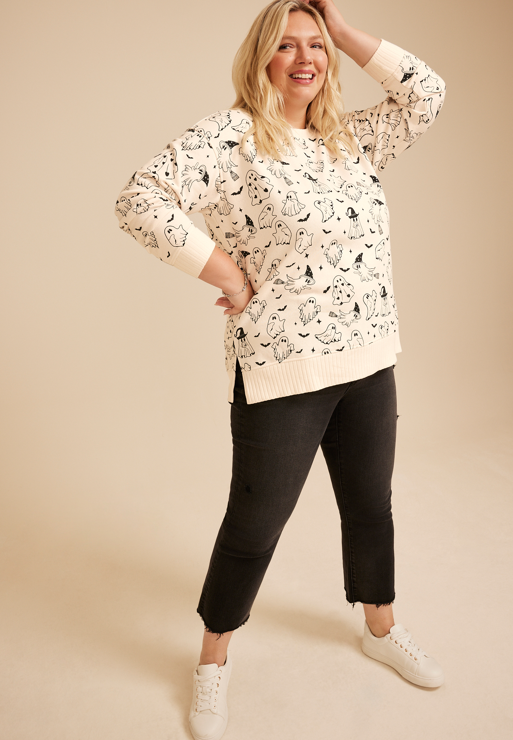 Plus Size Willowsoft Halloween Ghost Print Sweatshirt
