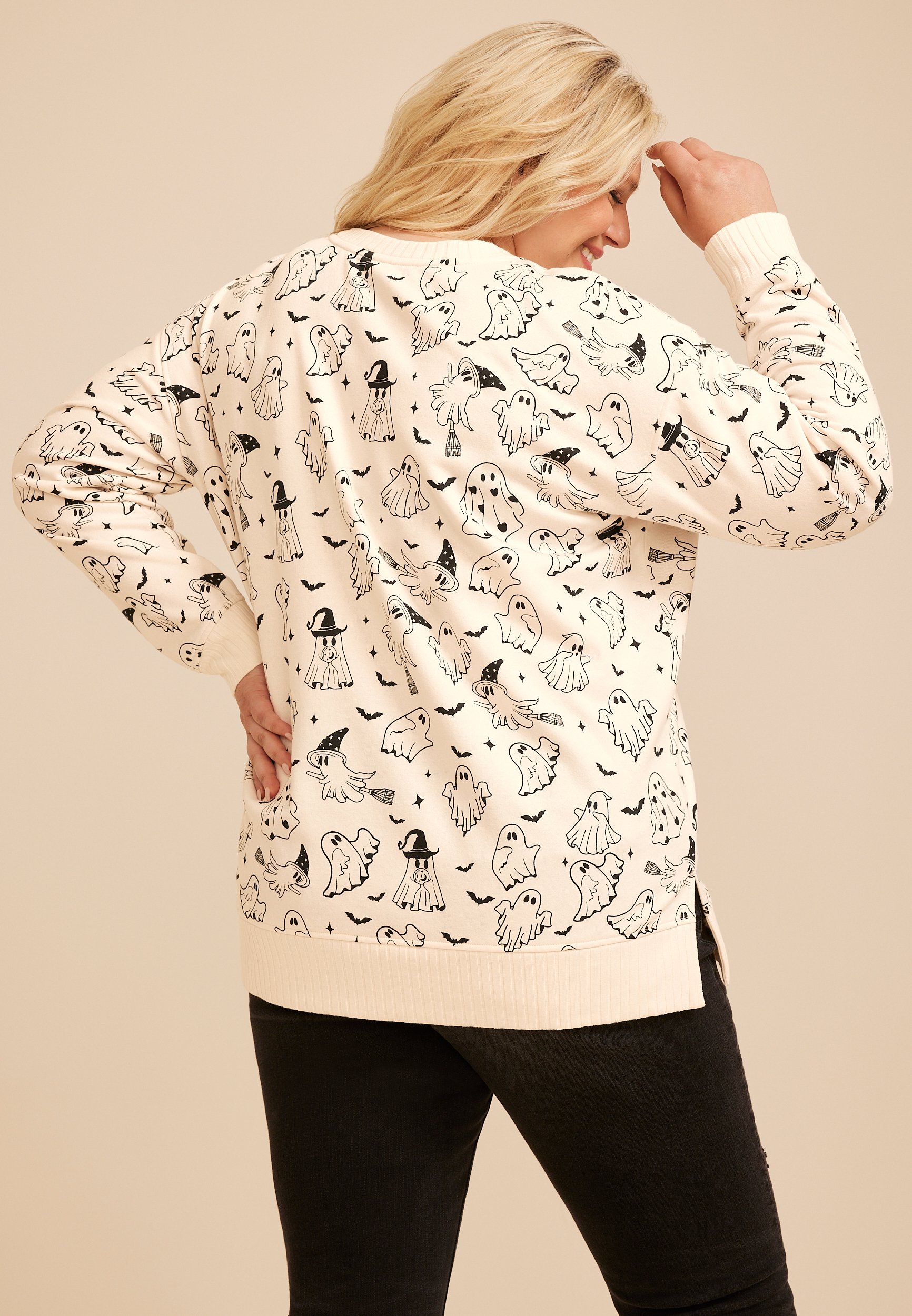 Plus Size Willowsoft Halloween Ghost Print Sweatshirt, C1939, large