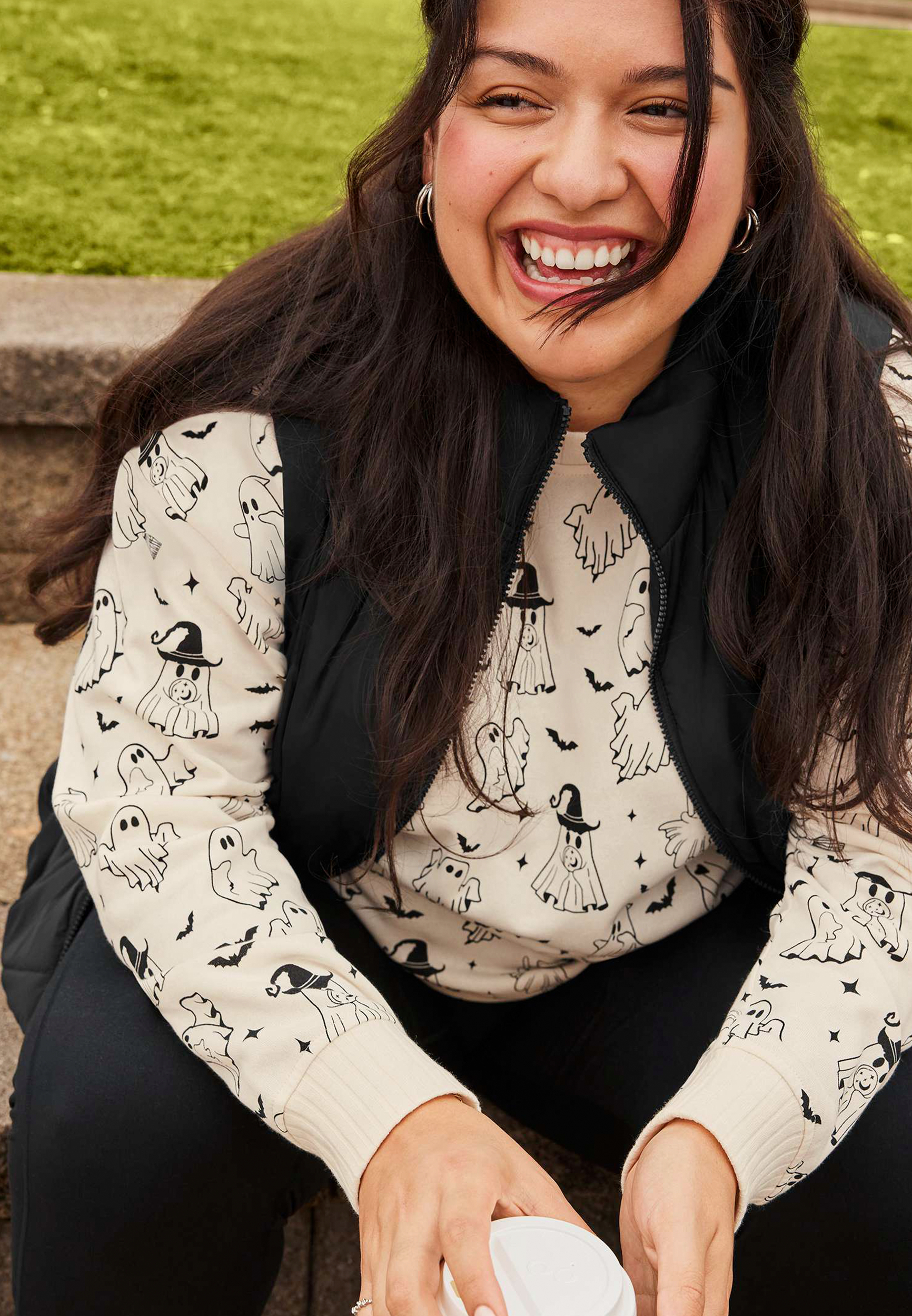 Plus Size Willowsoft Halloween Ghost Print Sweatshirt, C1939, large