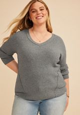 Plus Size Waffle Stitch V Neck Sweater, C3042, small